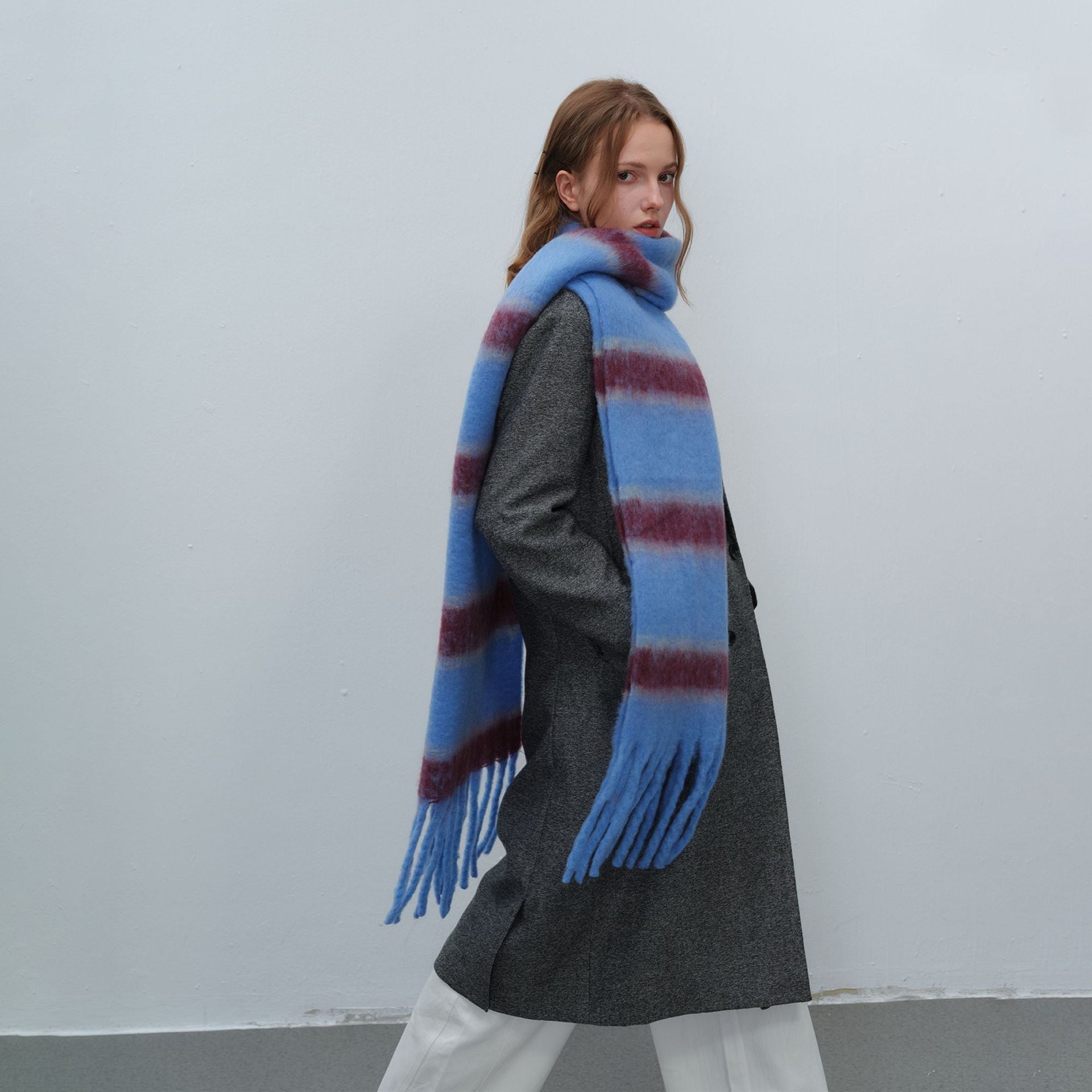 Thickened Warm Simple Striped Imitationmohair Plaid Scarf