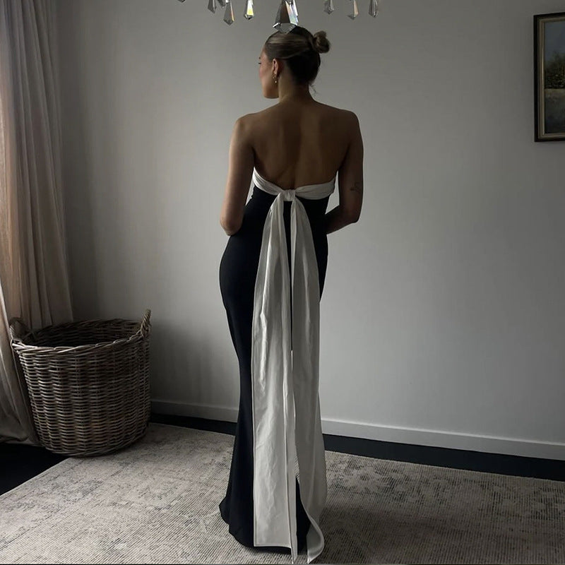 Color Contrast Backless Bow Tube Top Ribbon Dress