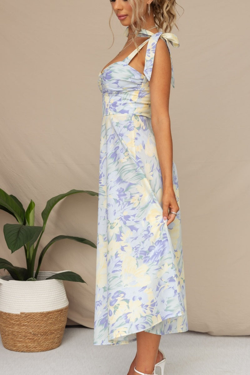 Blue Tie Strap Sweetheart Neck Floral Print Ruched Fit Flare Midi Dress 3