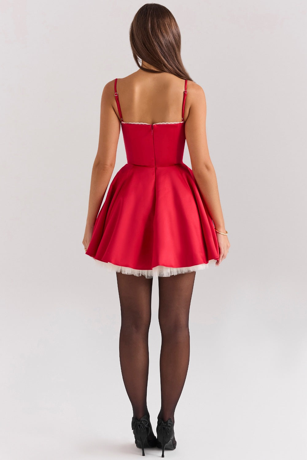 Sweetheart Lace Trim Tulle Overlay Satin Mini Dress 27