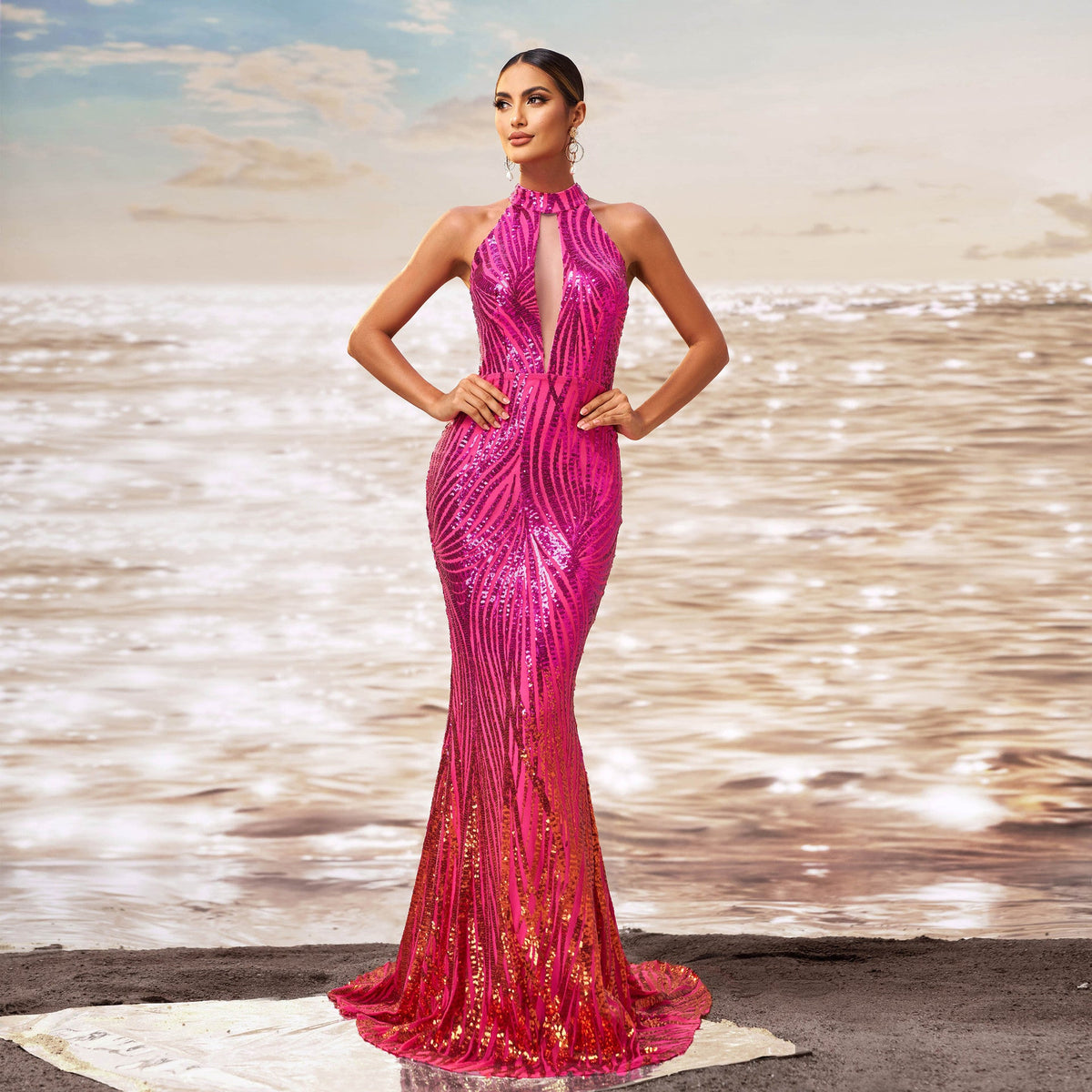 Red Halter Neck Keyhole Cutout Sequin Mermaid Maxi Gown
