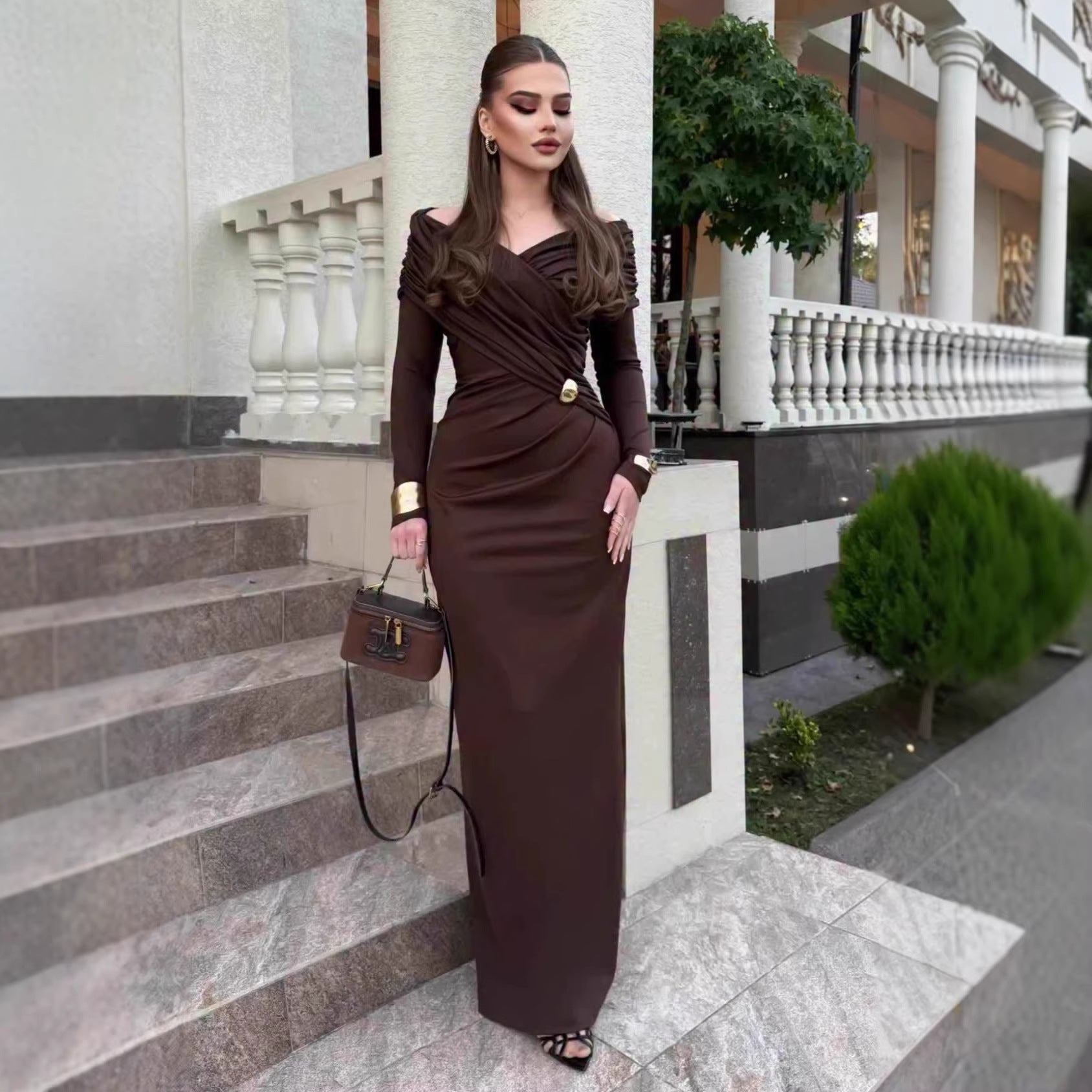 Autumn Solid Color Cross Collar Dress Tight Waist Casual Maxi Dress