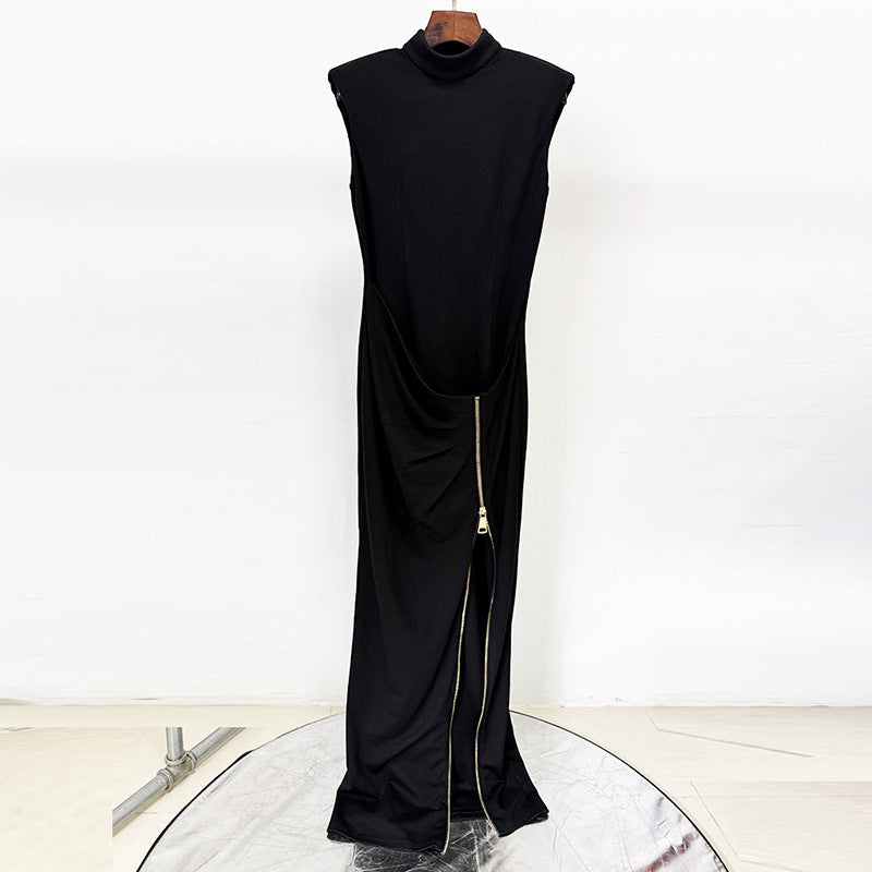 Sleeveless Mock Neck Padded Shoulder Exposed Zipper High Split Maxi Gown 2