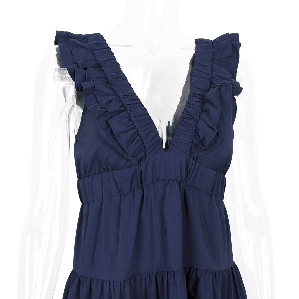 Deep V-Neck Ruffle Trim Tiered A-Line Mini Dress