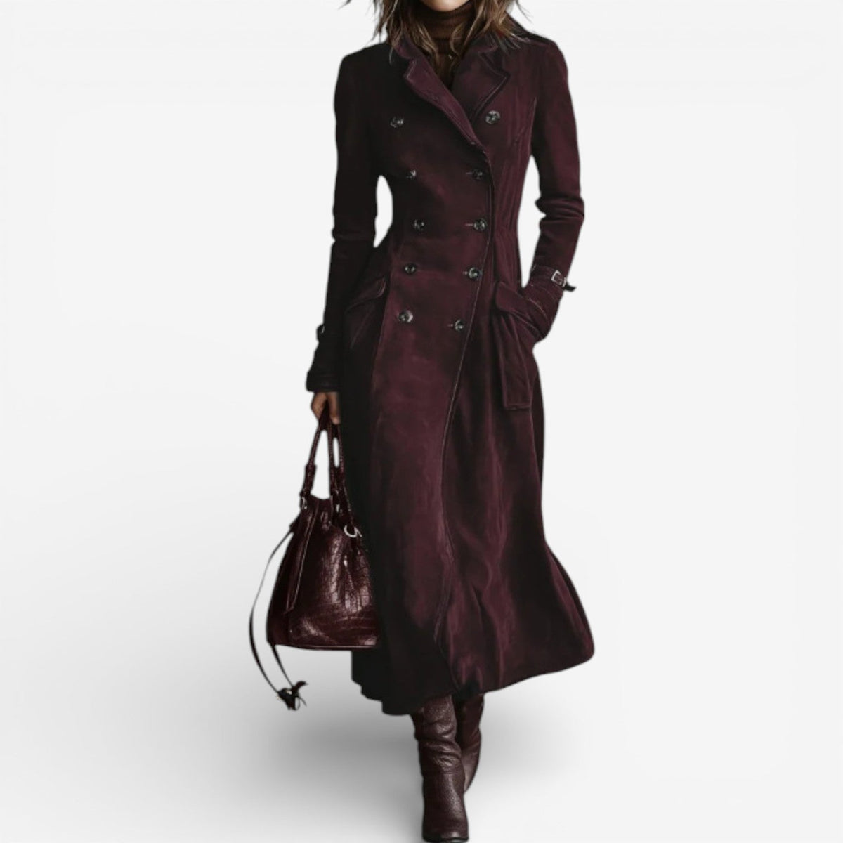 Notch Lapel Double-Breasted Suede Long Trench Coat 2