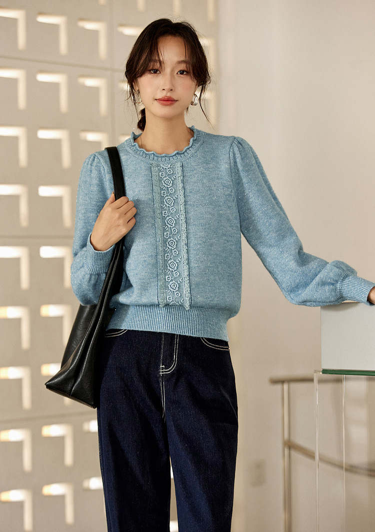 Lace Trim Crewneck Knit Sweater �Elegant Commuter Style