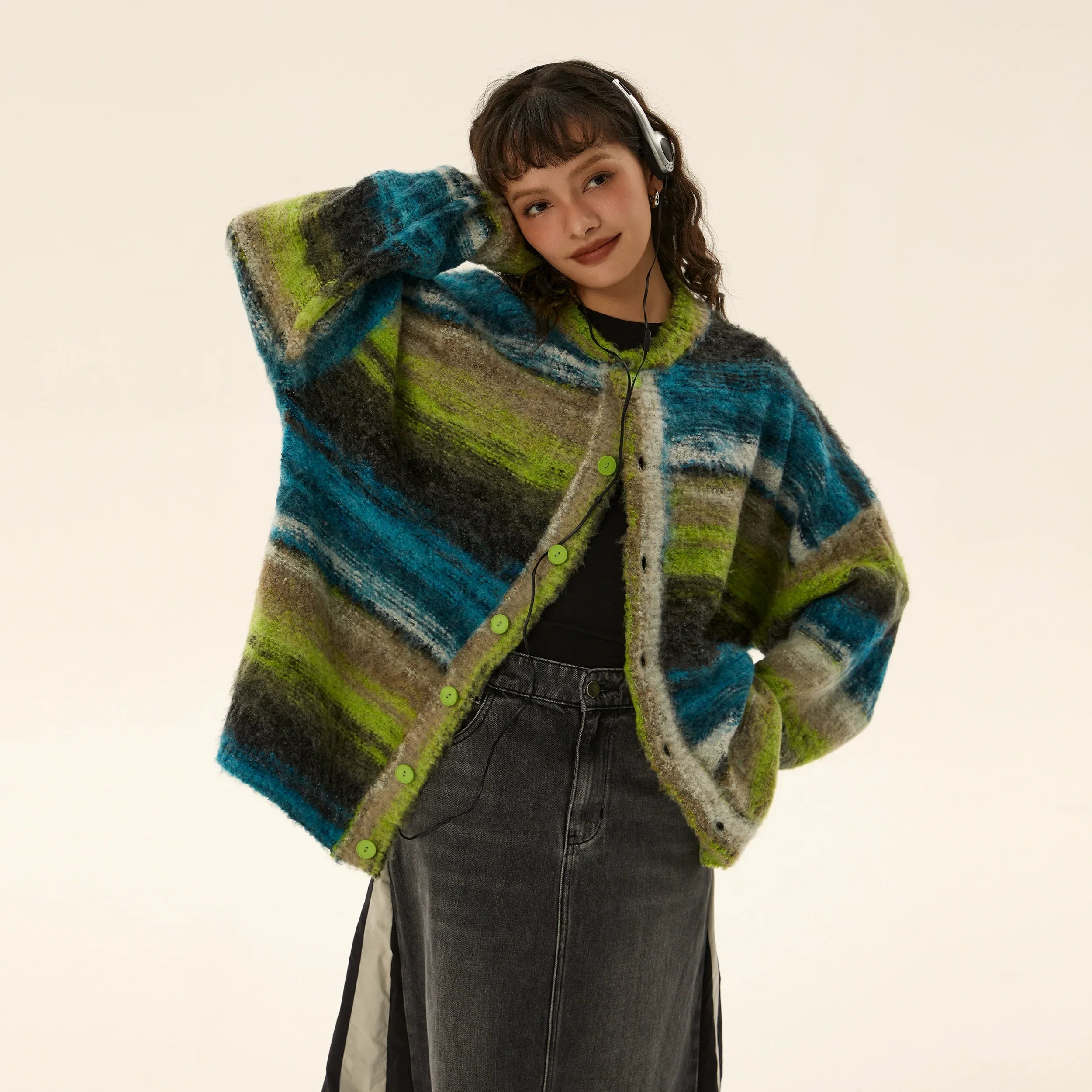 Oversized Fuzzy Striped Button-Up Cardigan