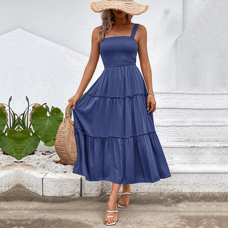 Square Neck Strap Smocked Shirred Tiered A-Line Midi Dress