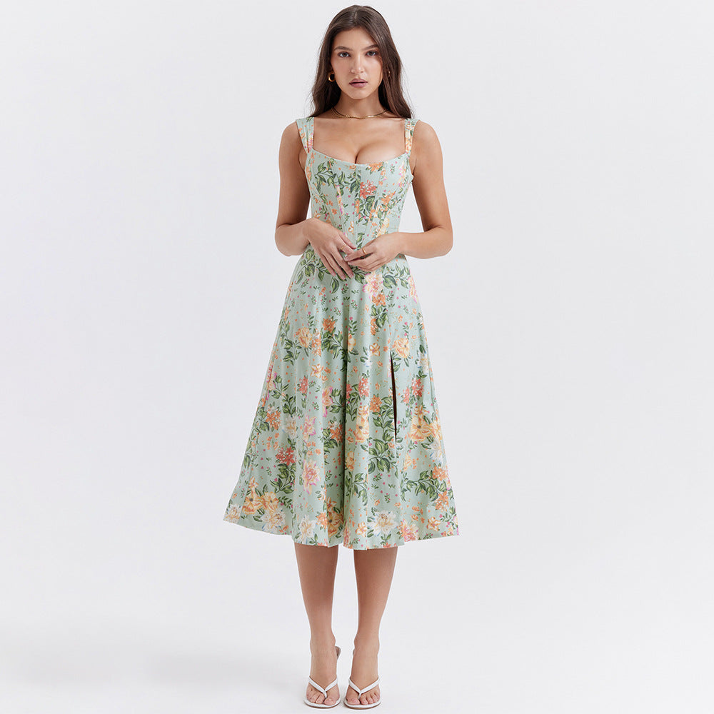 Boning Corset Cami Dress Slim Fit Backless Slit Midi Floral Dress Dopamine Wear Matching