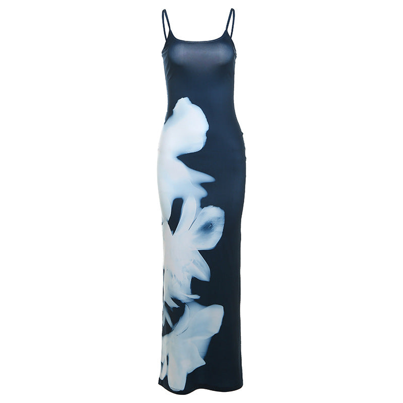 Spaghetti Strap Floral Print Slim Fit Sheath Elegant Dress