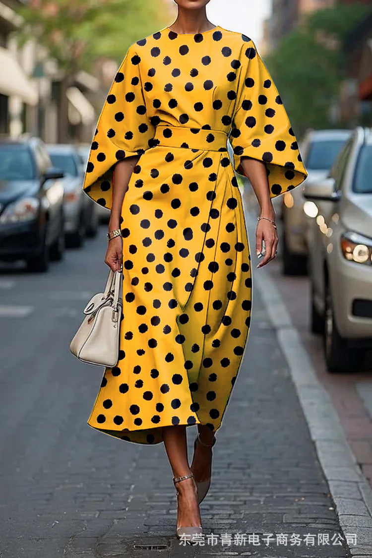 Round Neck Flare Sleeve Abstract Stripe Print A-Line Midi Dress