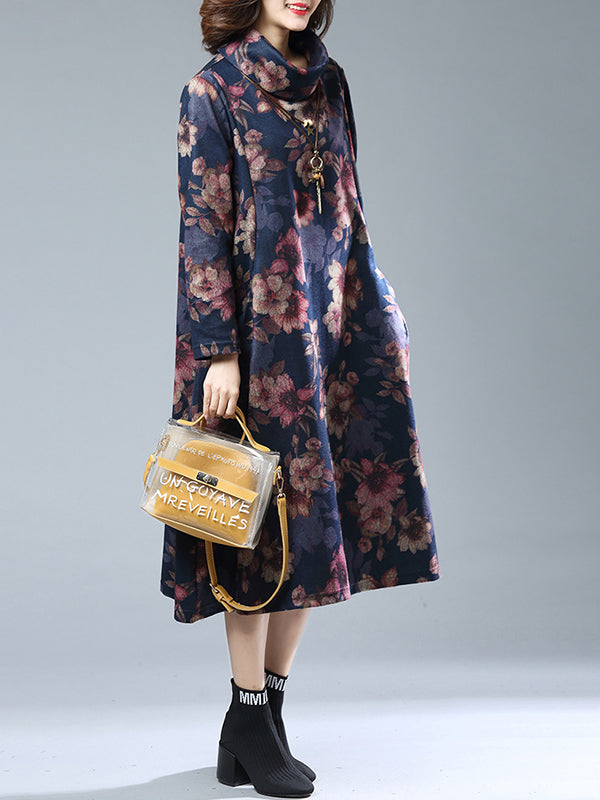 Navy Blue Turtleneck Floral Print Long Sleeve Loose Midi Dress 3