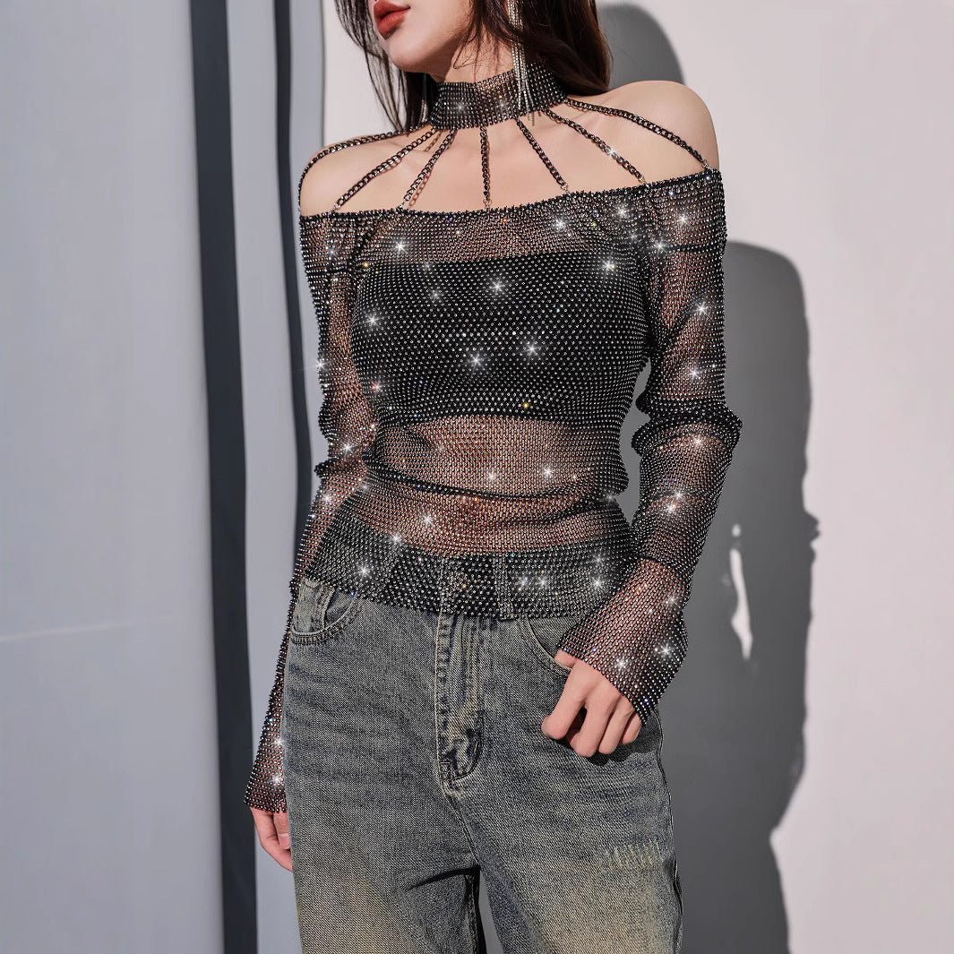 Sparkle Mysterious Rhinestone Mesh Halter Top