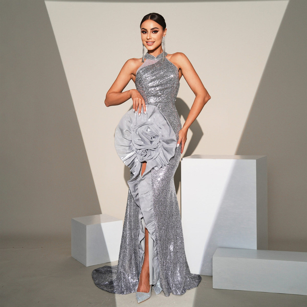 Gray Halter Neck Sequin Rosette Ruffle High Slit Mermaid Gown