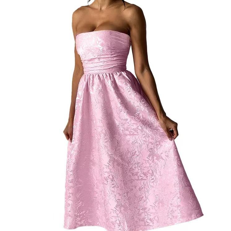 Strapless Jacquard Ruched Waist A-Line Midi Dress
