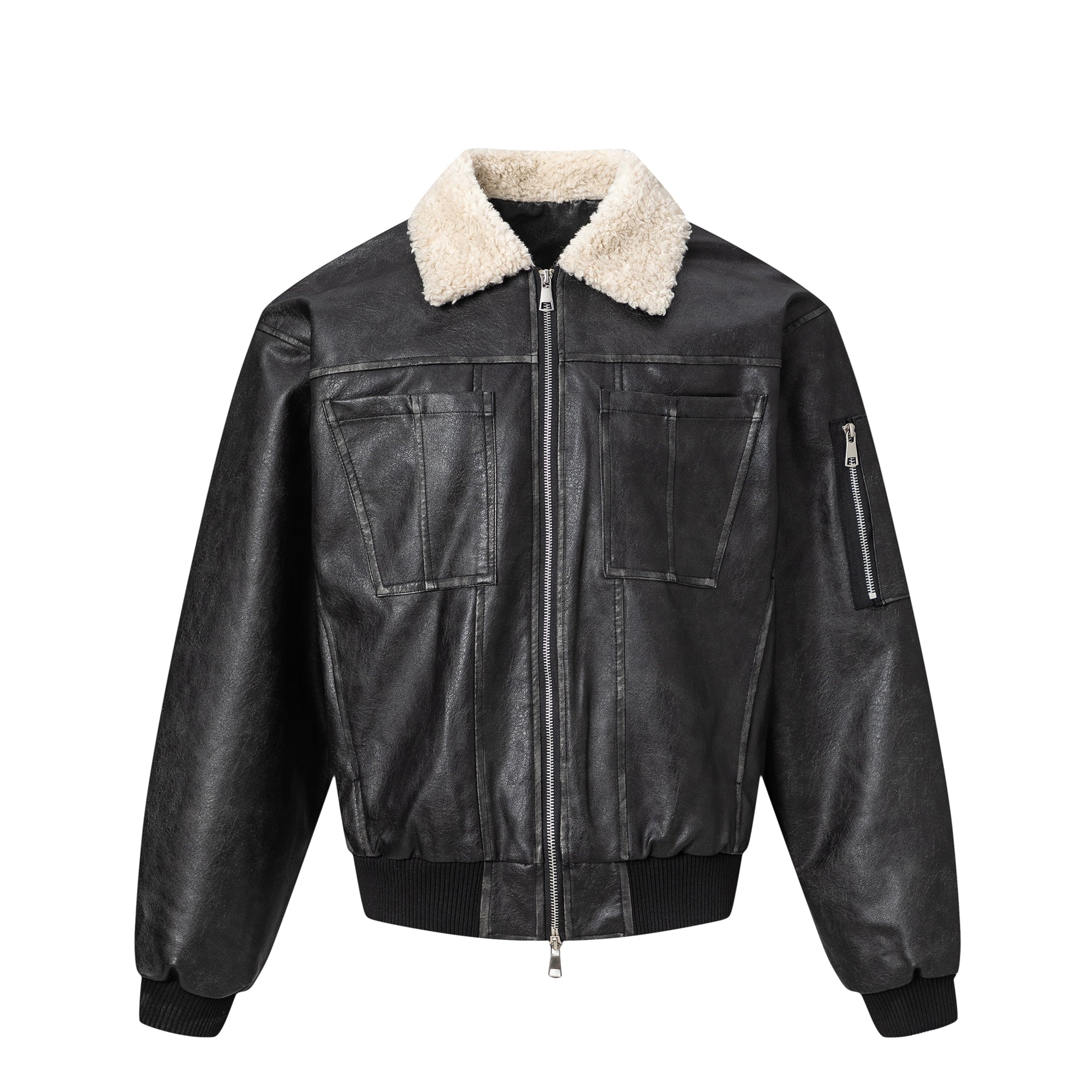 PU Leather Jacket with Lamb Wool Collar