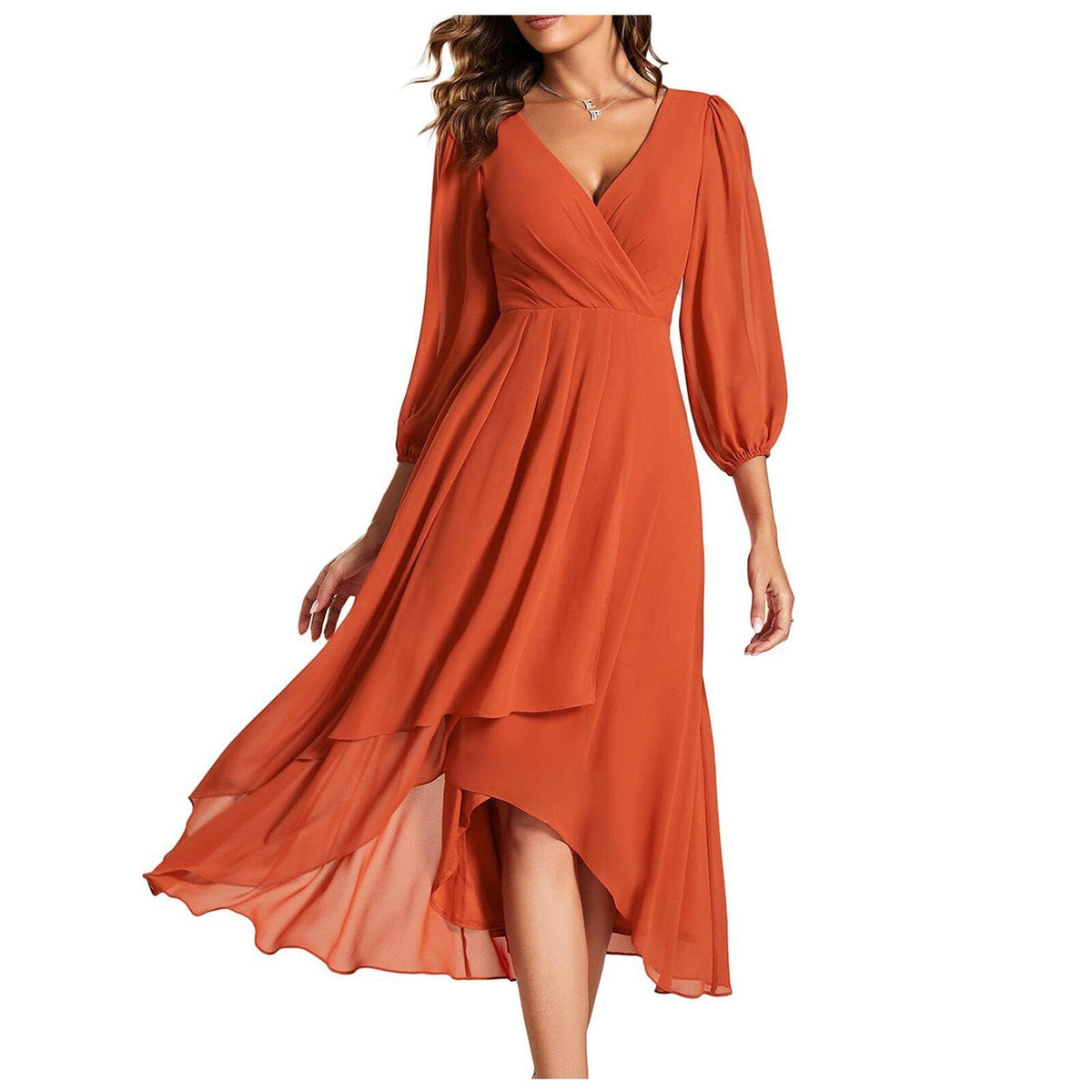 V-Neck Wrap Balloon Sleeve Chiffon High-Low Ruffle Midi Dress