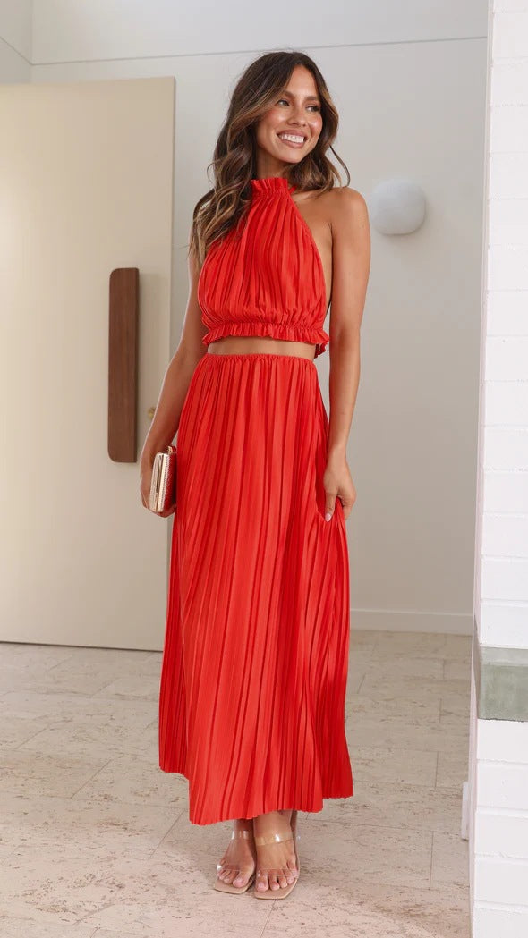 Year Halter Backless Lacing Suit Pleated Dress