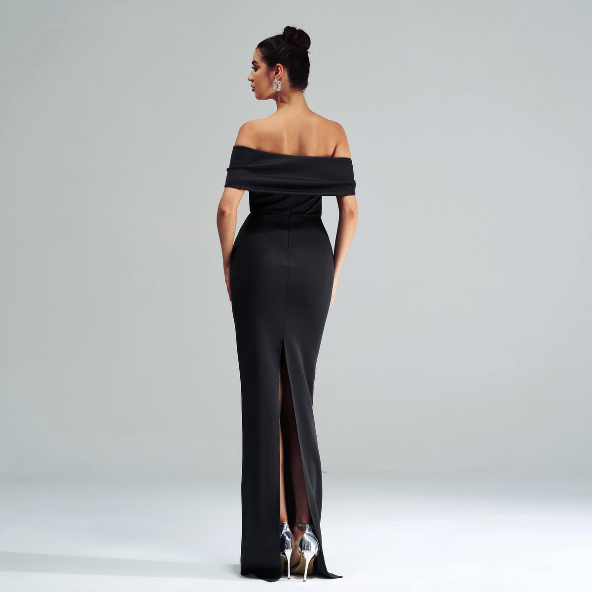 Black Off-Shoulder Draped Crystal Embellished Mermaid Maxi Gown