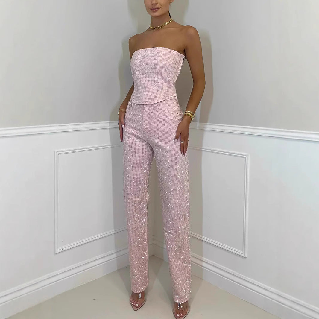 sexy off-shoulder sparkling diamond pants suit