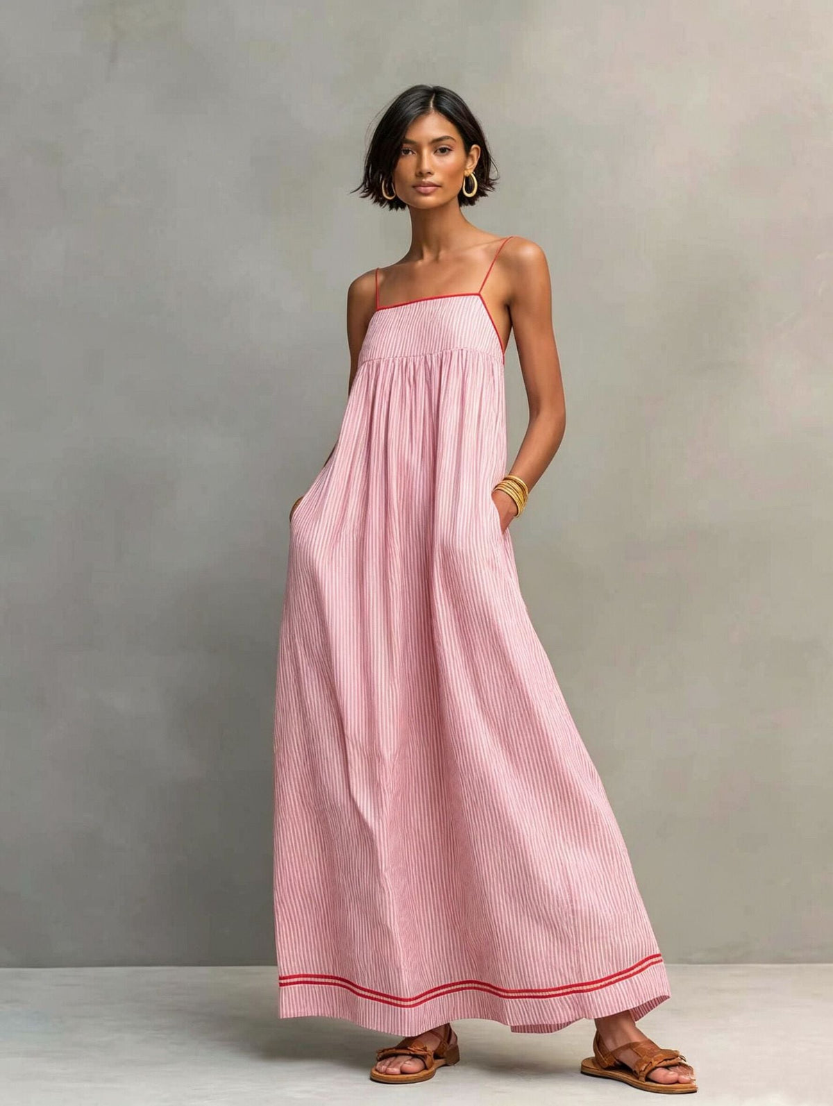 Spaghetti Strap Striped Contrast Trim Flowy A-Line Maxi Dress 4