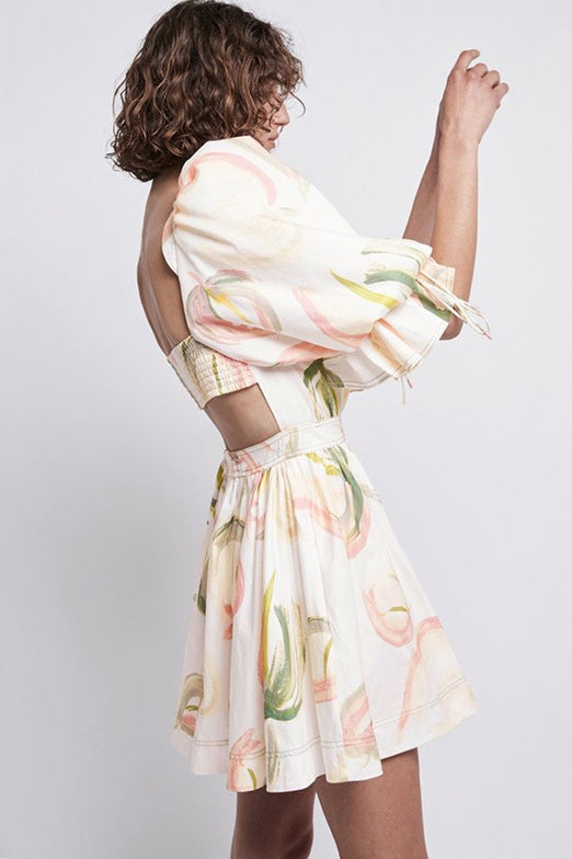 White Square Neck Puff Sleeve Floral Print Fit and Flare Mini Dress
