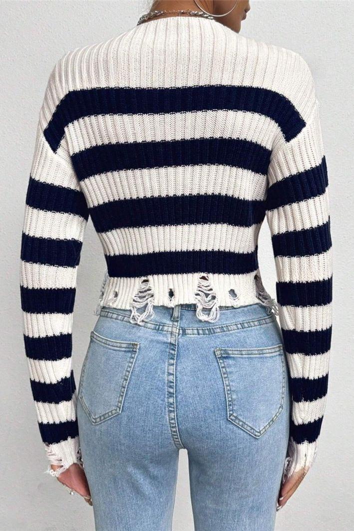 Round Neck Short Striped Sweater