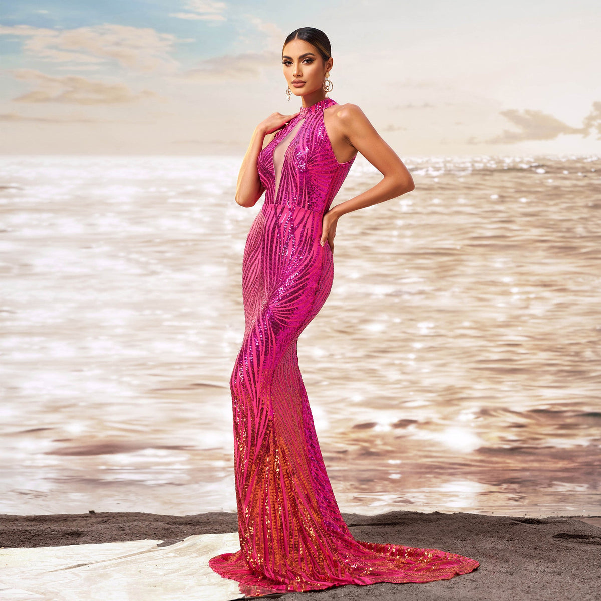 Pink Halter Neck Keyhole Sequin Mermaid Maxi Gown