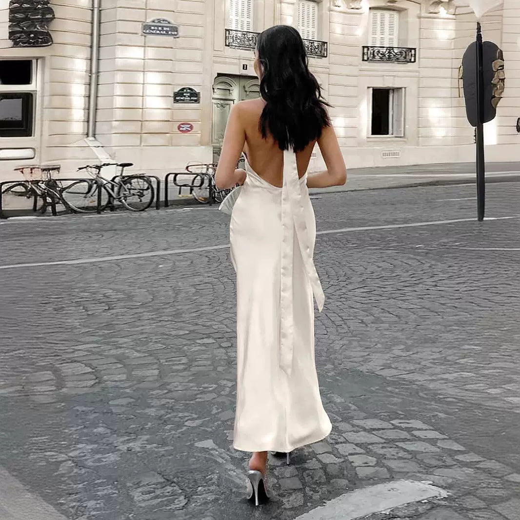 Halter Neck Satin Keyhole Cutout Backless High Slit Maxi Dress 8