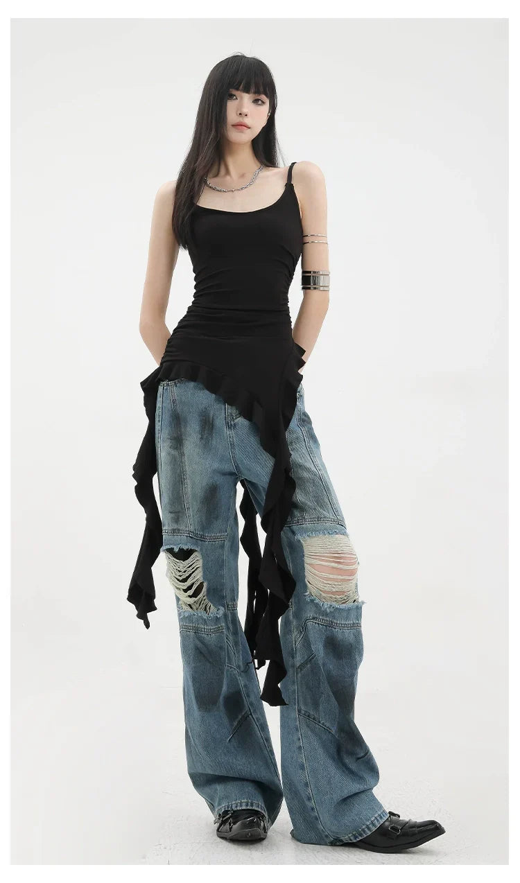 Black Asymmetric Ribbon Strap Tank Top With Ruffle Edge Design