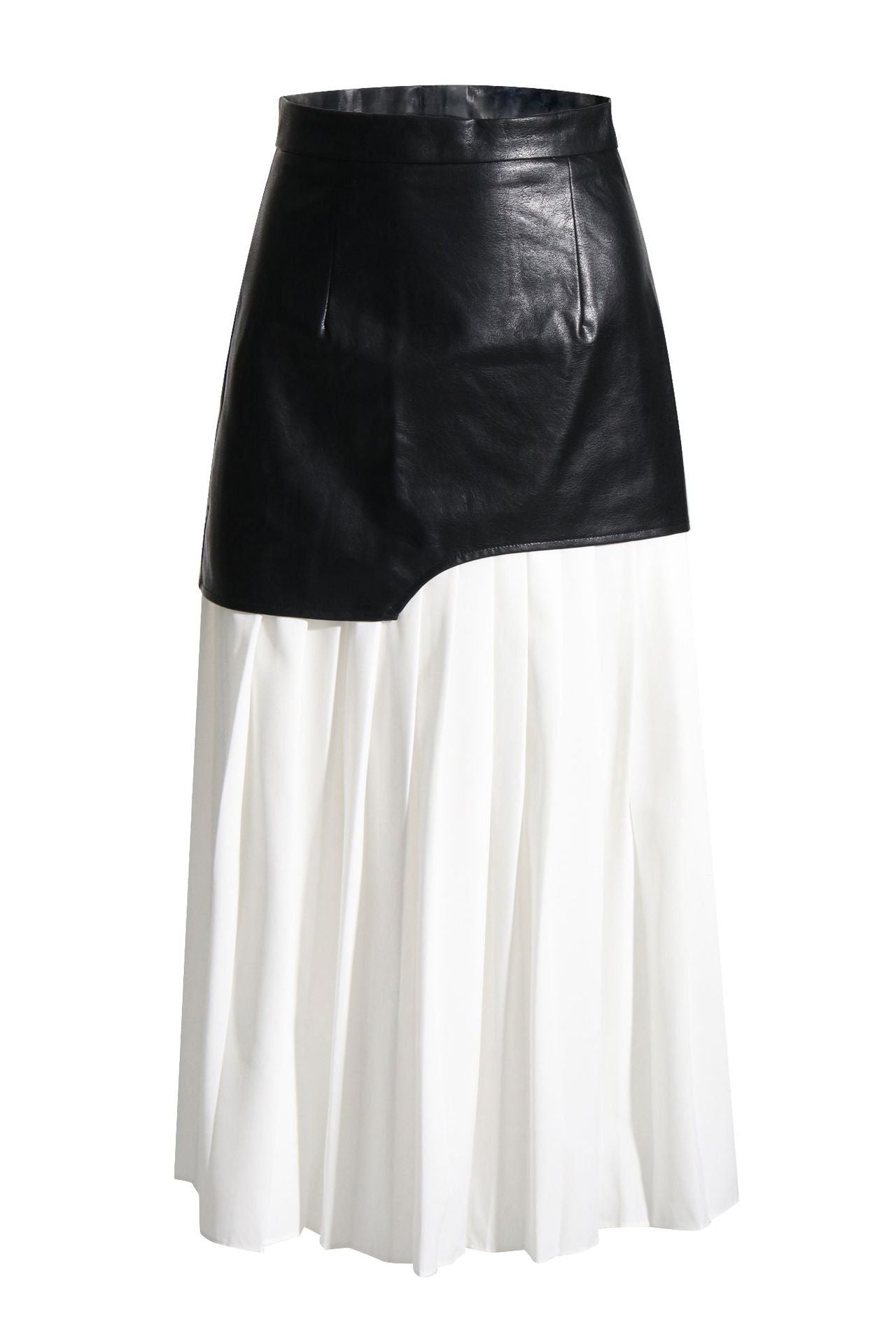 Pu leather stitching pleated skirt