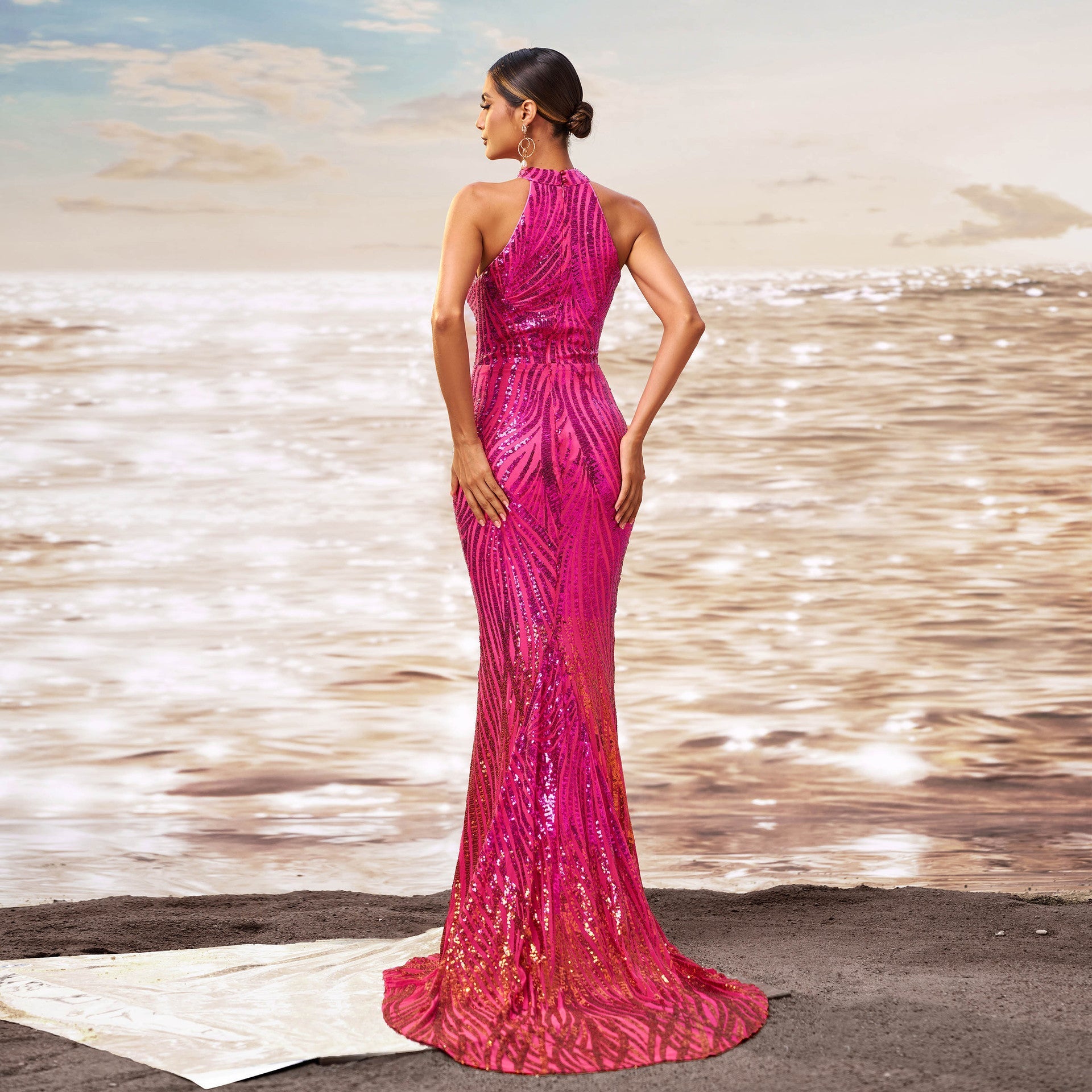 Off-shoulder slim fit hip sequined fishtail evening dress