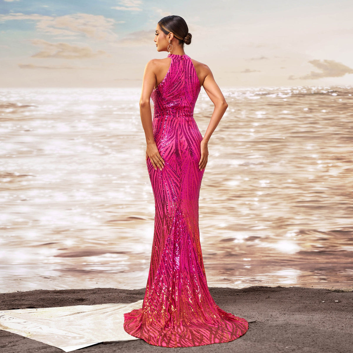 Red Halter Neck Keyhole Cutout Sequin Mermaid Maxi Gown 5