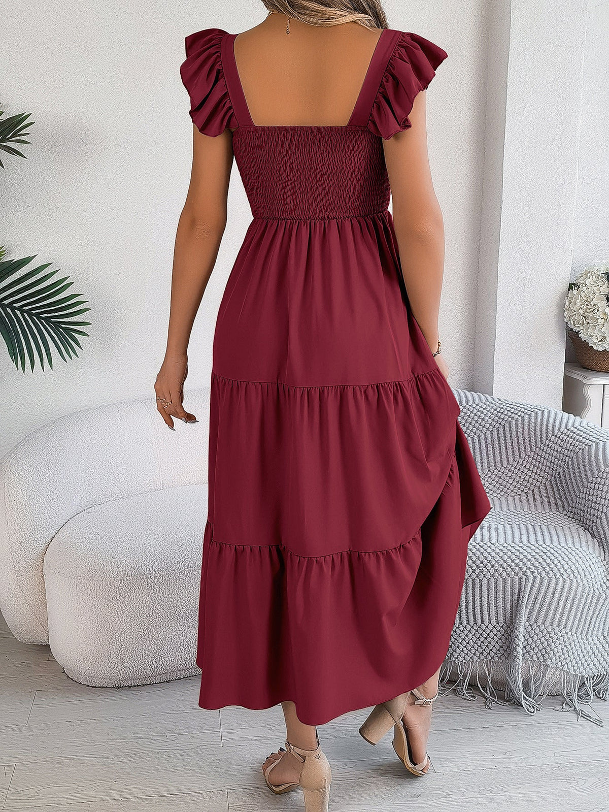 Wine Red Square Neck Flutter Sleeve Shirred Tiered Flowy Midi Dress 6