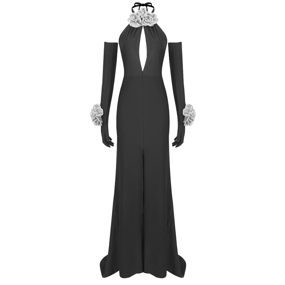 Halter Silver Floral Hollow Out Cutout Dress with Gloves Split