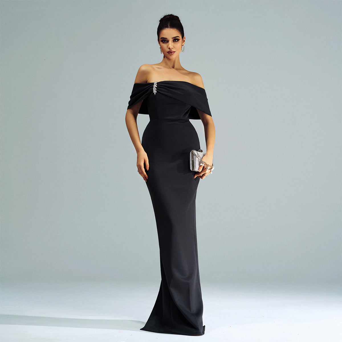 Black Off-Shoulder Draped Crystal Embellished Mermaid Maxi Gown