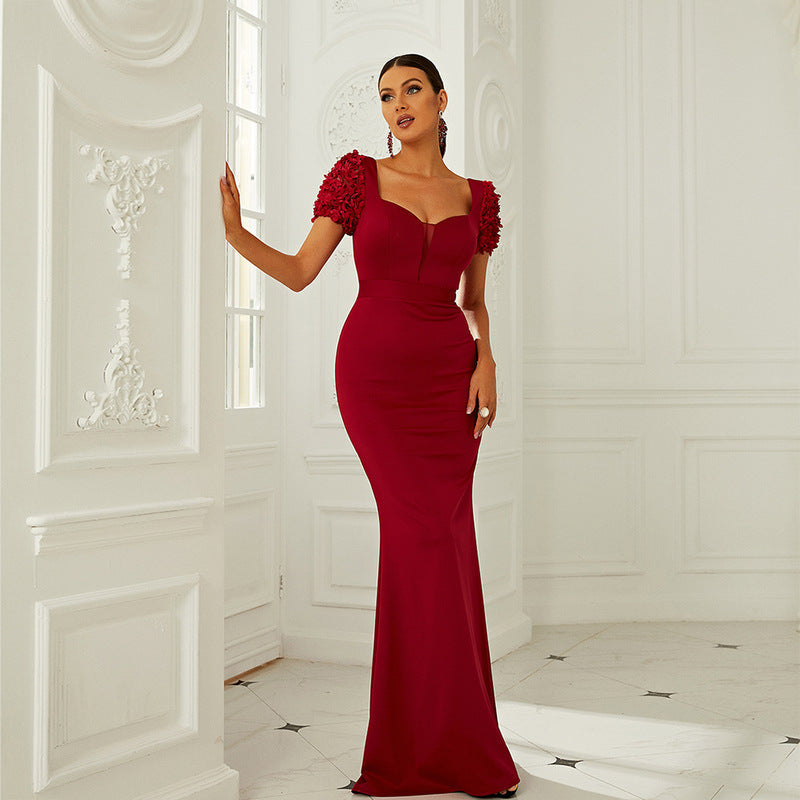 High Waist Short Sleeve Office Tight Dress Solid Color Slim Fit Small Trailing Evening
