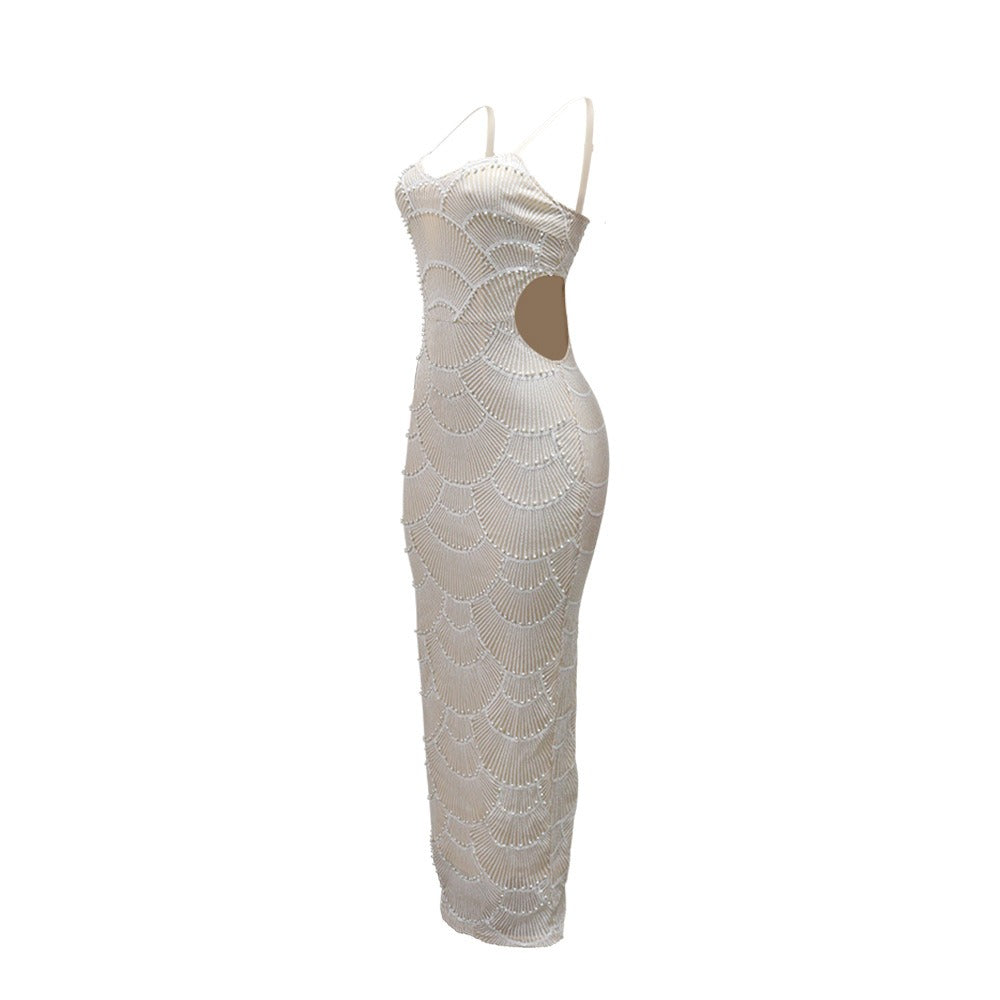 Spaghetti Strap Pearl Beaded Scallop Cutout Bodycon Midi Dress 8