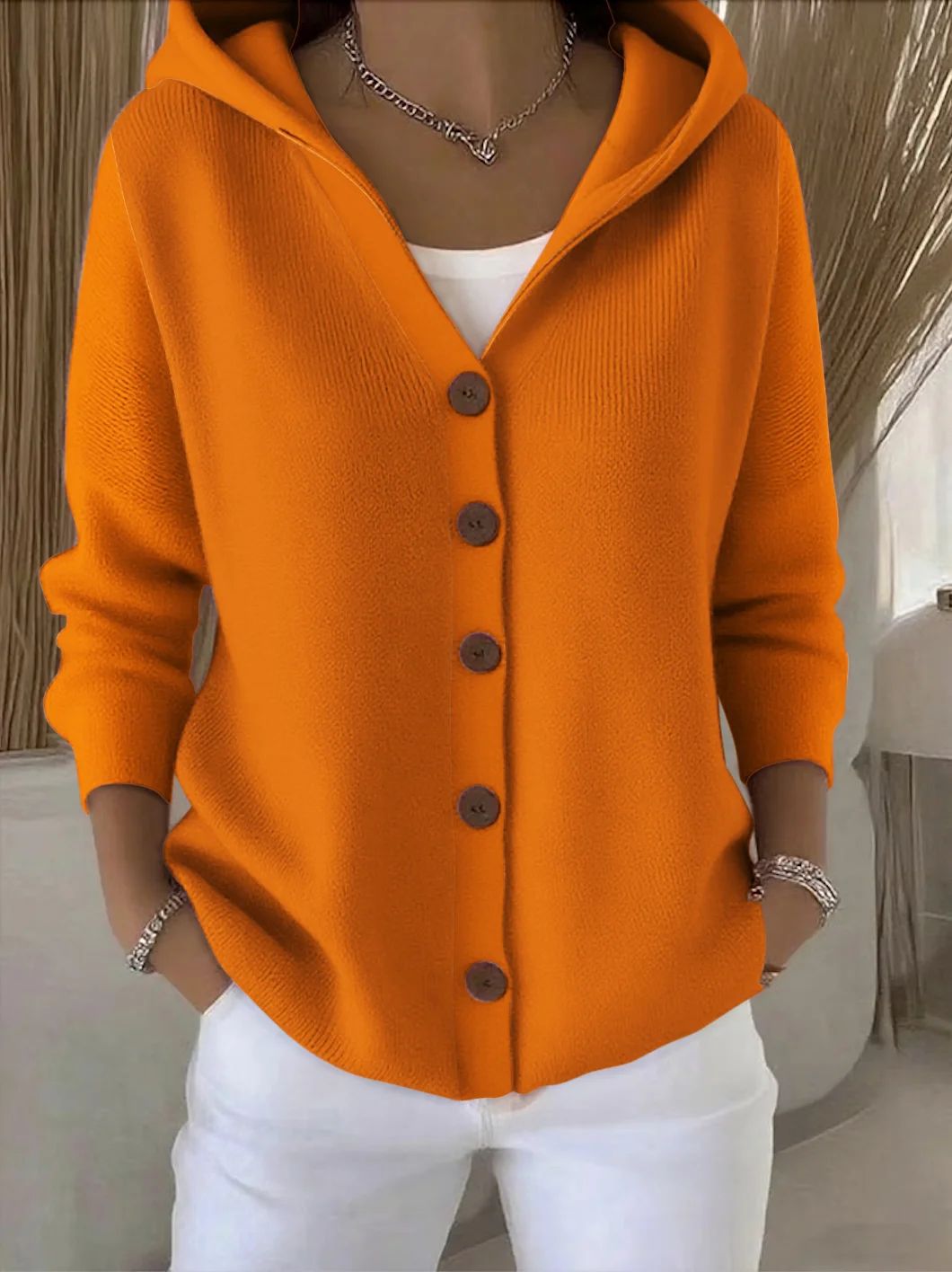 Hooded Knit Button Front Long Sleeve Cardigan 6