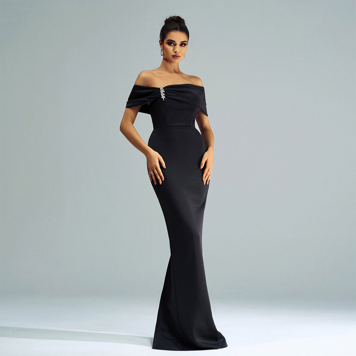 Black Off-Shoulder Draped Crystal Embellished Mermaid Maxi Gown