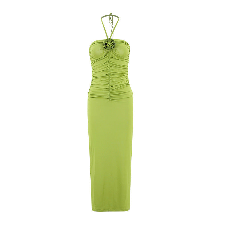 Halter Neck Rosette Applique Ruched Bodycon Maxi Dress 6
