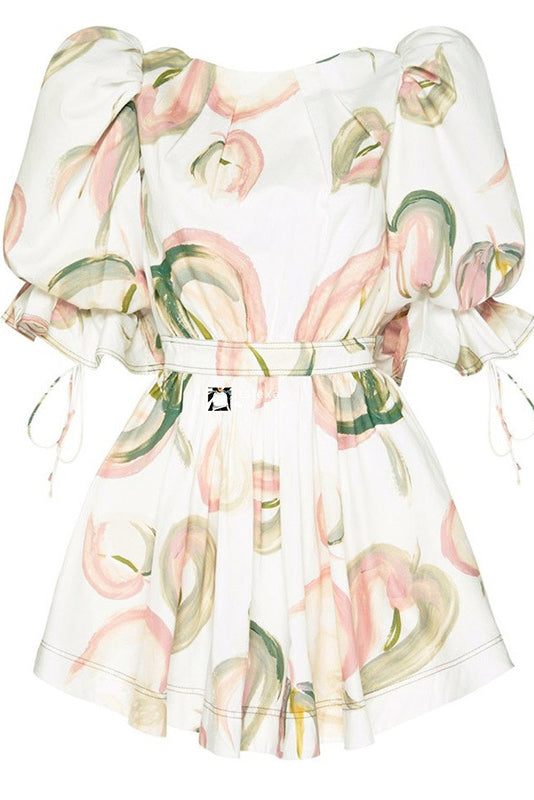 White Square Neck Puff Sleeve Floral Print Fit and Flare Mini Dress