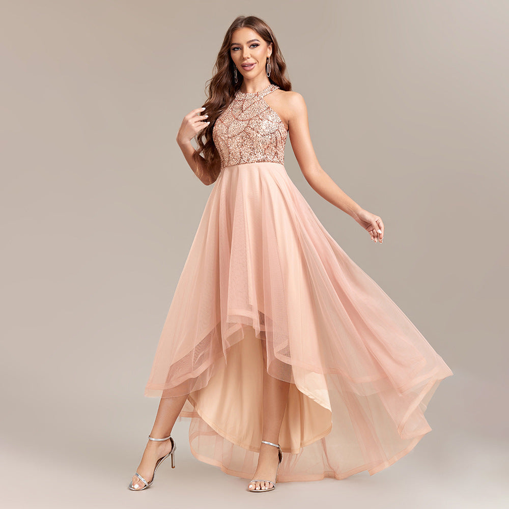 Heavy Industry Halter Sequin Stitching Multi Layer Mesh Sleeveless Irregular Asymmetric Hem Pettidress Ball Gown Organza
