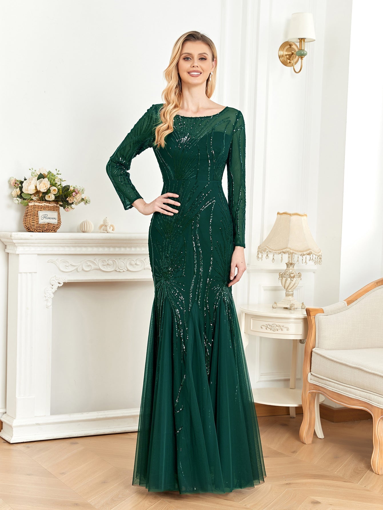 Dress Long Sleeve round Neck Slim Fit Fishtail Bridesmaid Cocktail Evening Dress for Toasting Elegant