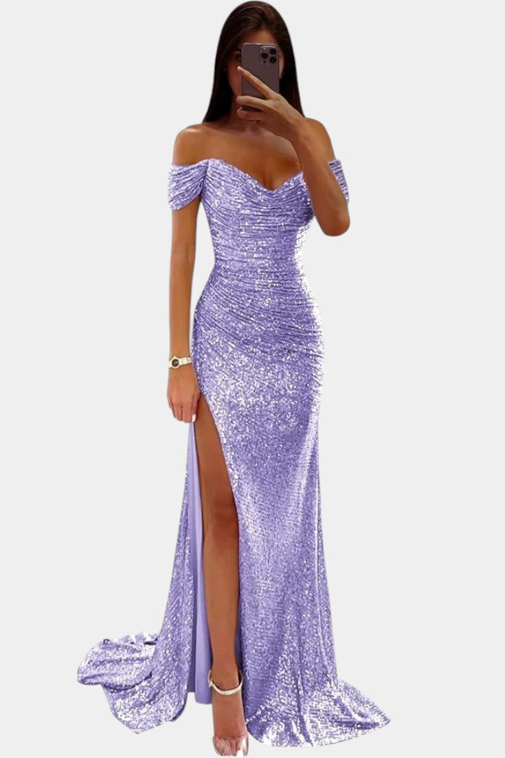 Off-Shoulder Sweetheart Sequin Ruched High Slit Mermaid Gown 14