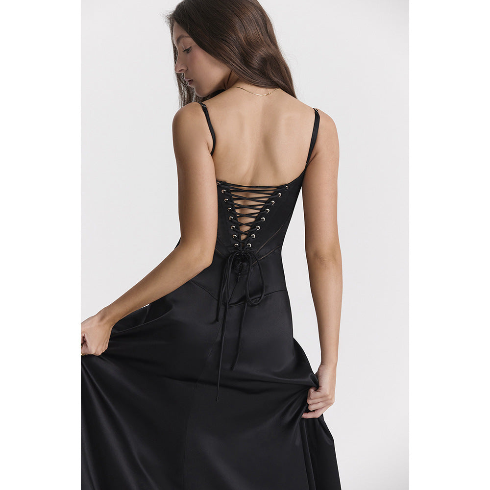 Black Square Neck Pintuck Satin Lace-Up Back Slip Maxi Dress