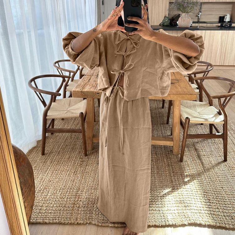 Retro Tea Dress for Puff Sleeve Shirt Set Summer