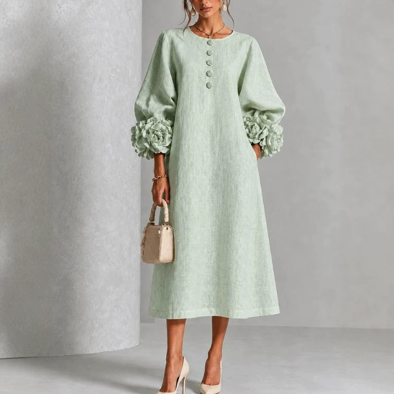 Round Neck Rosette Applique Puff Sleeve Button A-Line Midi Dress 9