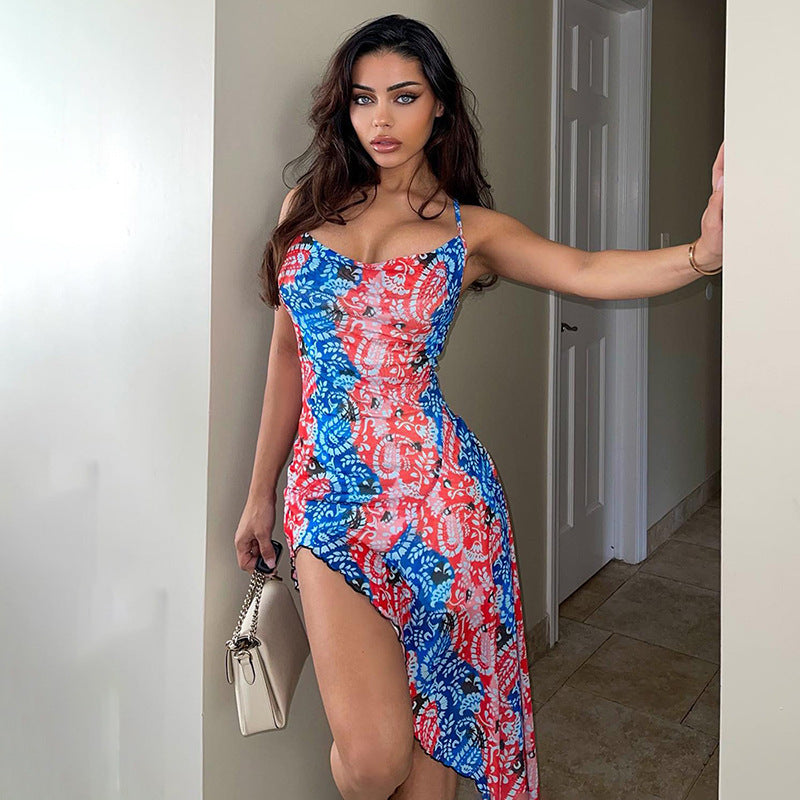 Elena Exclusive Women's Asymmetrical Summer Dress with Floral Pattern and Spaghetti Straps Boutique Collection