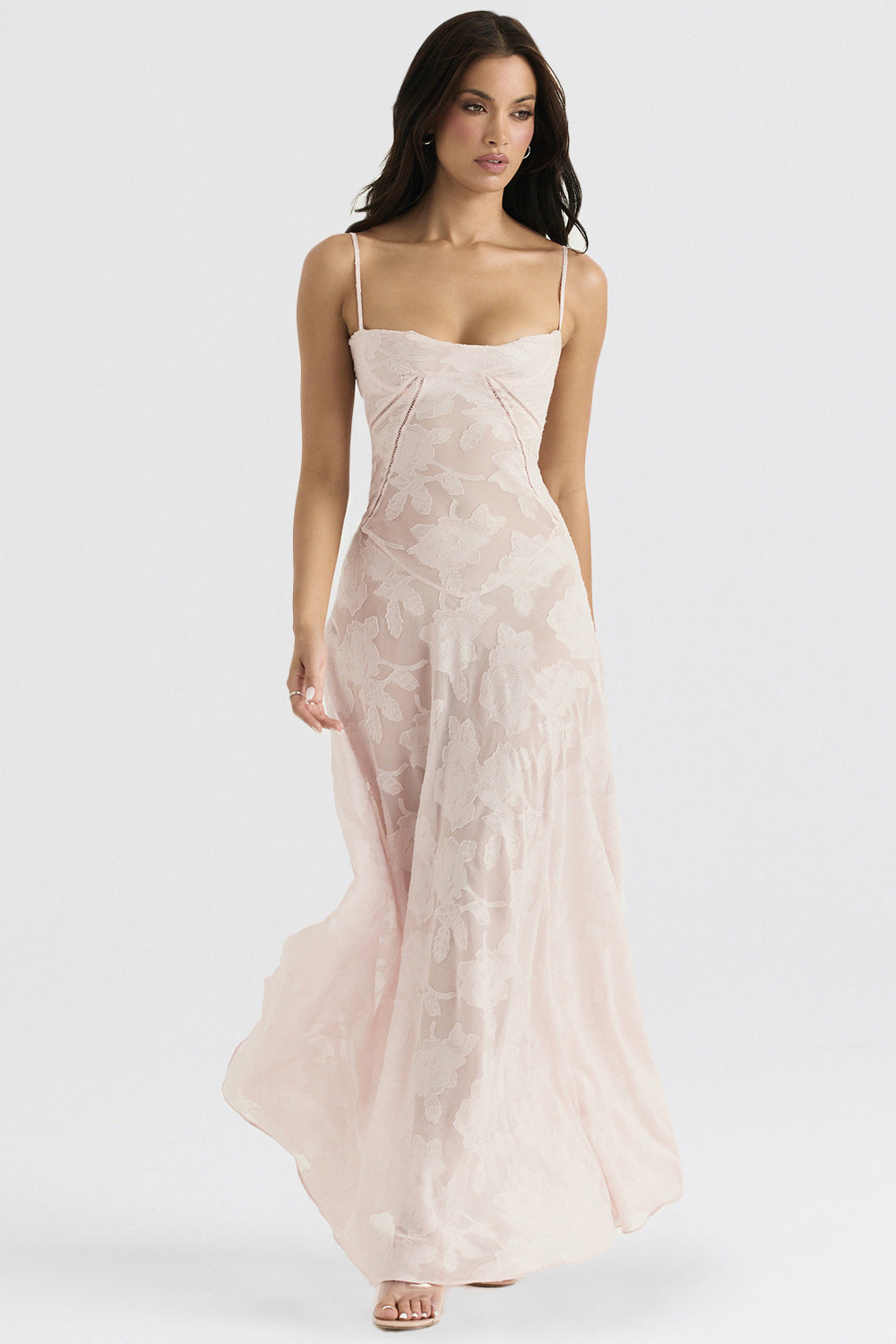 Spaghetti Strap Floral Jacquard Lace-Up Side Satin Maxi Dress